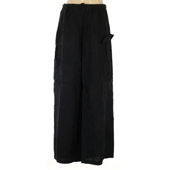 Reformation Mateo Pant 100% Linen Black Multi Cargo Pocket Wide Leg Trousers Sm